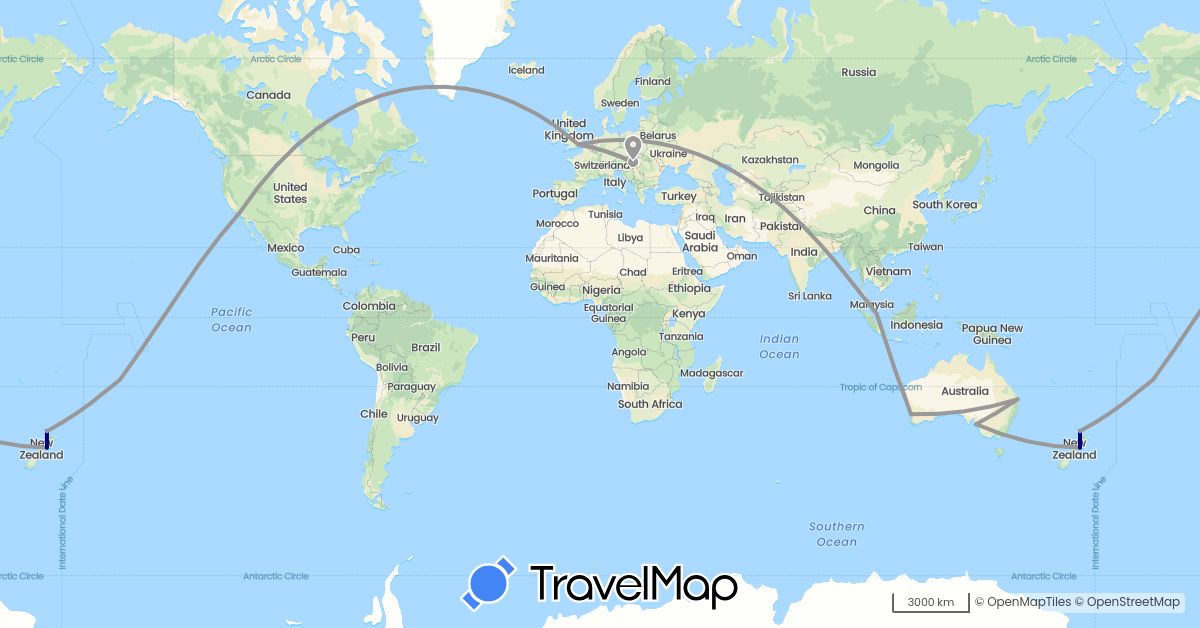 TravelMap itinerary: driving, plane in Australia, Cook Islands, United Kingdom, Hungary, New Zealand, Singapore, United States (Asia, Europe, North America, Oceania)
